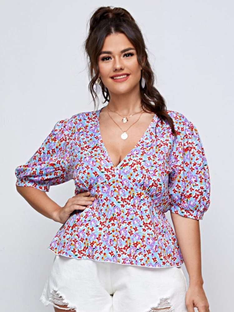 Multicolor Boho Ruffle Hem Plus Size Tops 2821