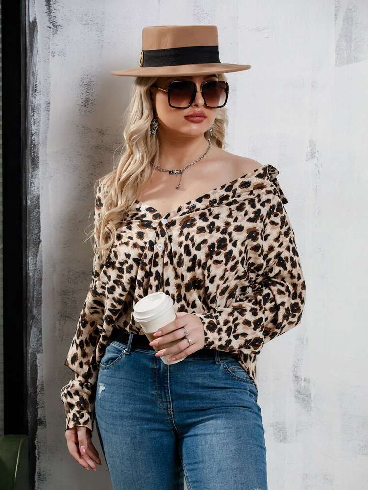 Leopard V neck Multicolor Casual Plus Size Blouses 174