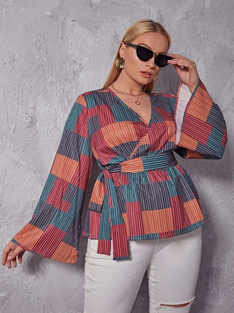 Patchwork Long Sleeve V neck Women Plus Clothing 5296