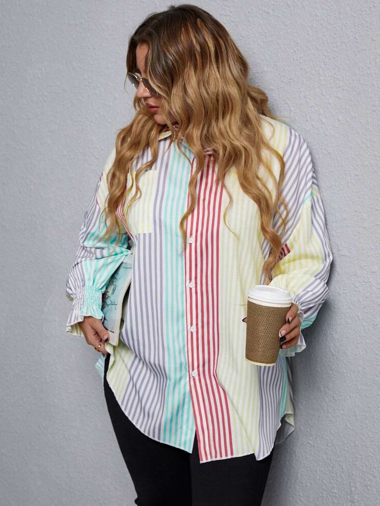  Colorblock Long Plus Size Tops 908