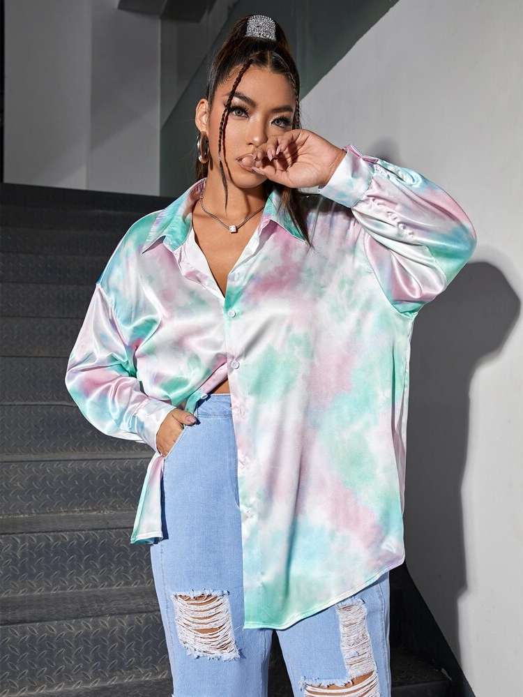 Long Sleeve Button Front Multicolor Tie Dye Plus Size Blouses 7693