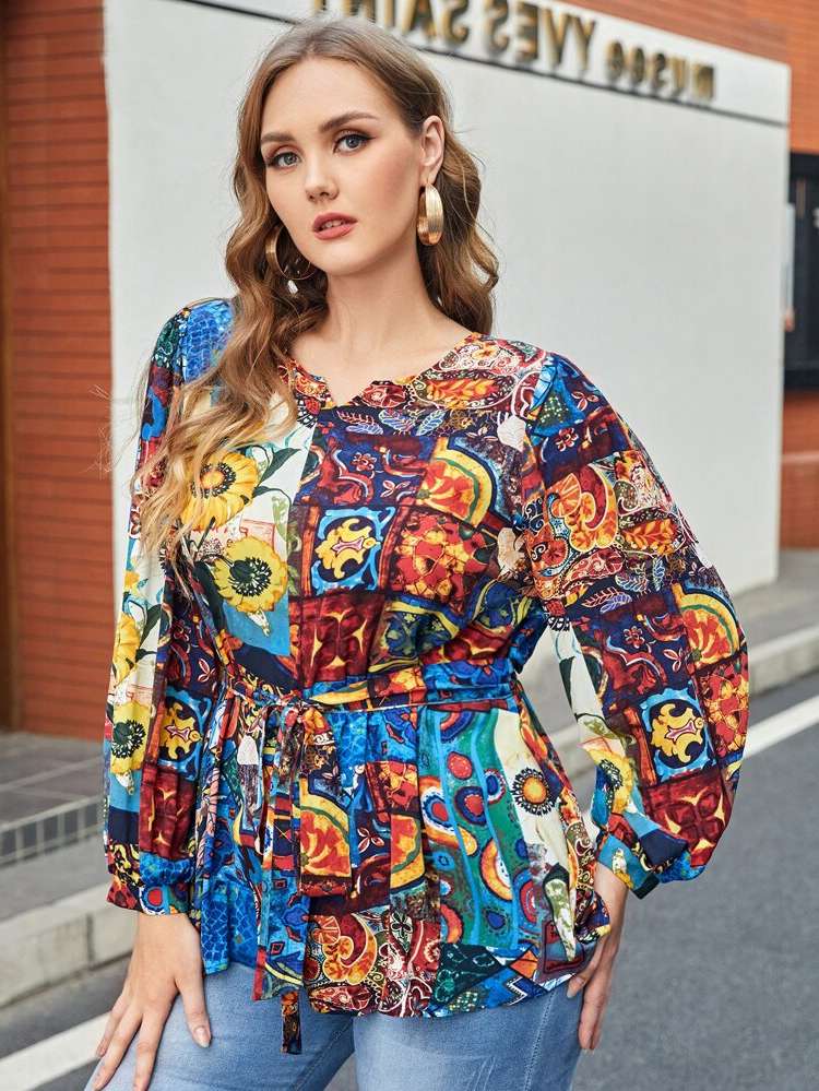  Multicolor Regular Notched Plus Size Tops 6983