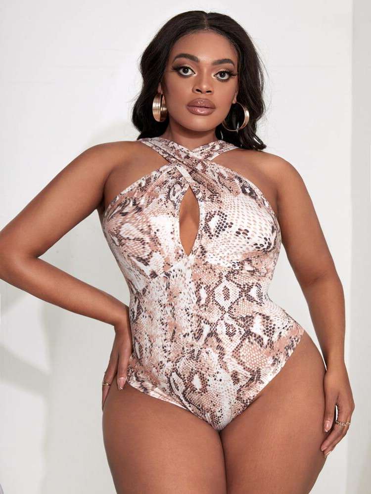 Criss Cross  Snakeskin Print Plus Size Bodysuits 7324