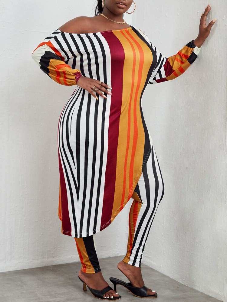 Multicolor Striped Slim Fit Plus Size Co-Ords 3124