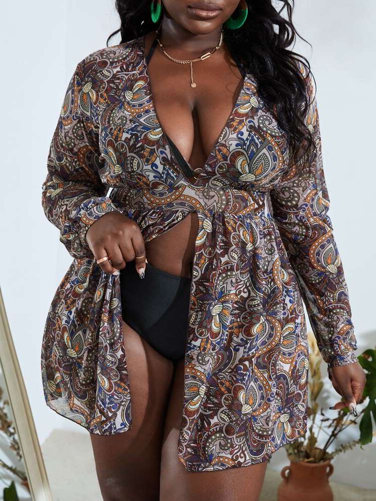  Long Sleeve All Over Print Plus Size Cover Ups 8382