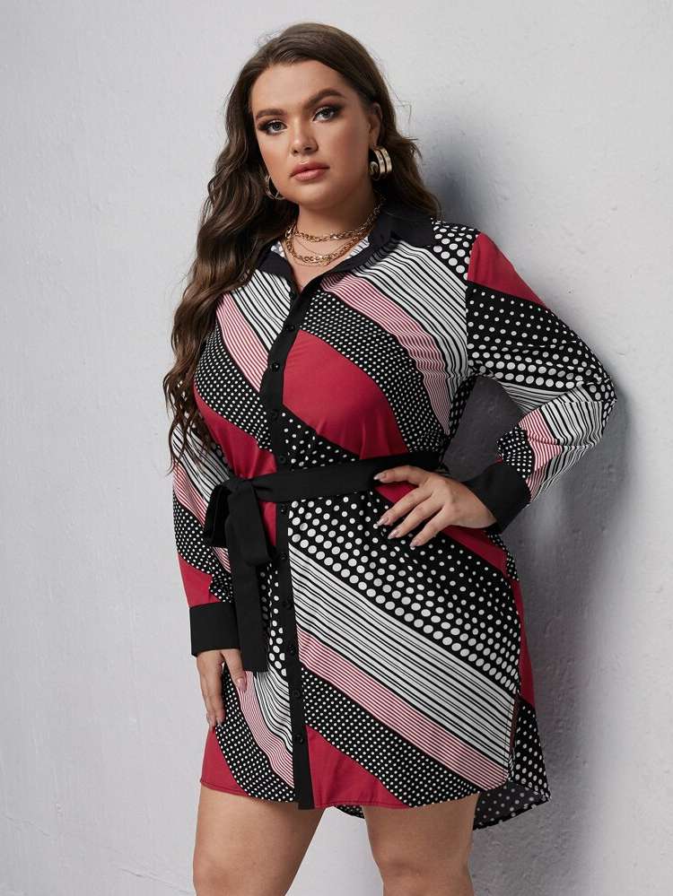  Belted Casual Long Sleeve Plus Size Dresses 4668