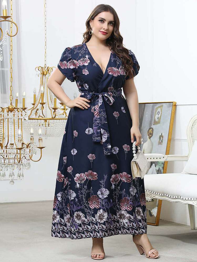 Multicolor Short Sleeve Elegant Plus Size Dresses 655