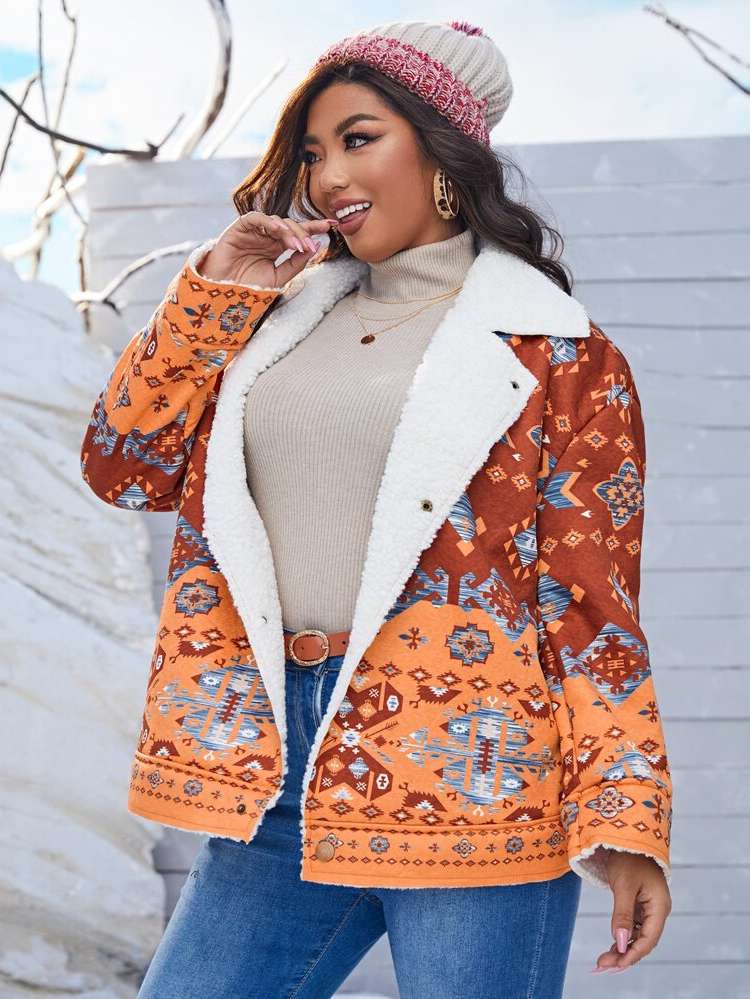 Regular Long Sleeve Tribal Button Front Plus Size Jackets 5753