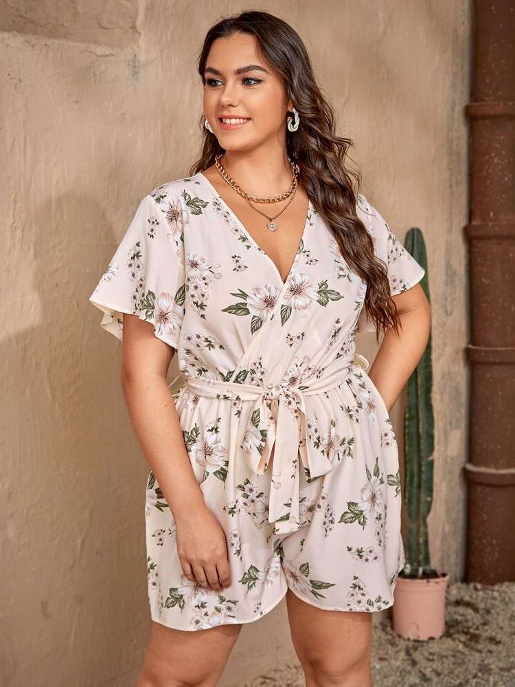  Floral Belted Regular Fit Plus Size Jumpsuits 557