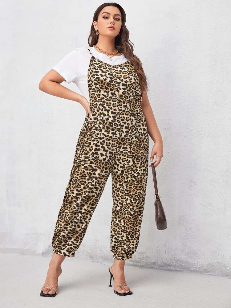  Spaghetti Strap Leopard Plus Size Jumpsuits 719