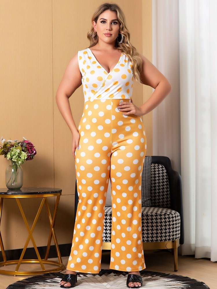 Polka Dot Sleeveless Regular Fit Long Plus Size Jumpsuits 189