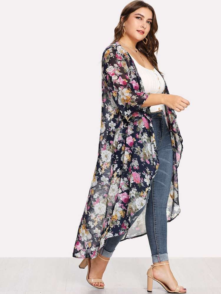  Long Regular Fit Floral Plus Size Kimonos 5301