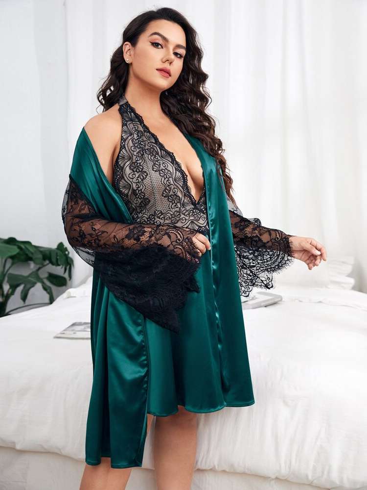 Deep V Neck Sexy Long Sleeve Contrast Lace Underwear  Sleepwear 9047