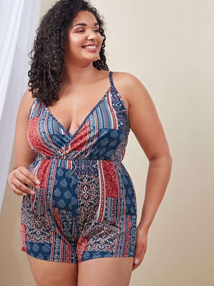 Patchwork  Multicolor Plus Size Sleep Jumpsuits 4740