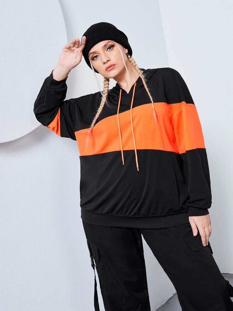 Regular Colorblock Drawstring Plus Size Sports Tops 4415