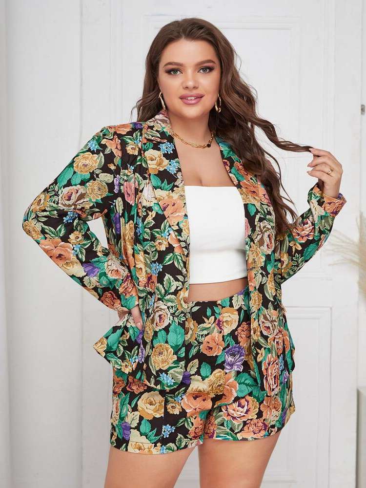 All Over Print Multicolor Long Sleeve Paper Bag Waist Plus Size Suit Sets 743