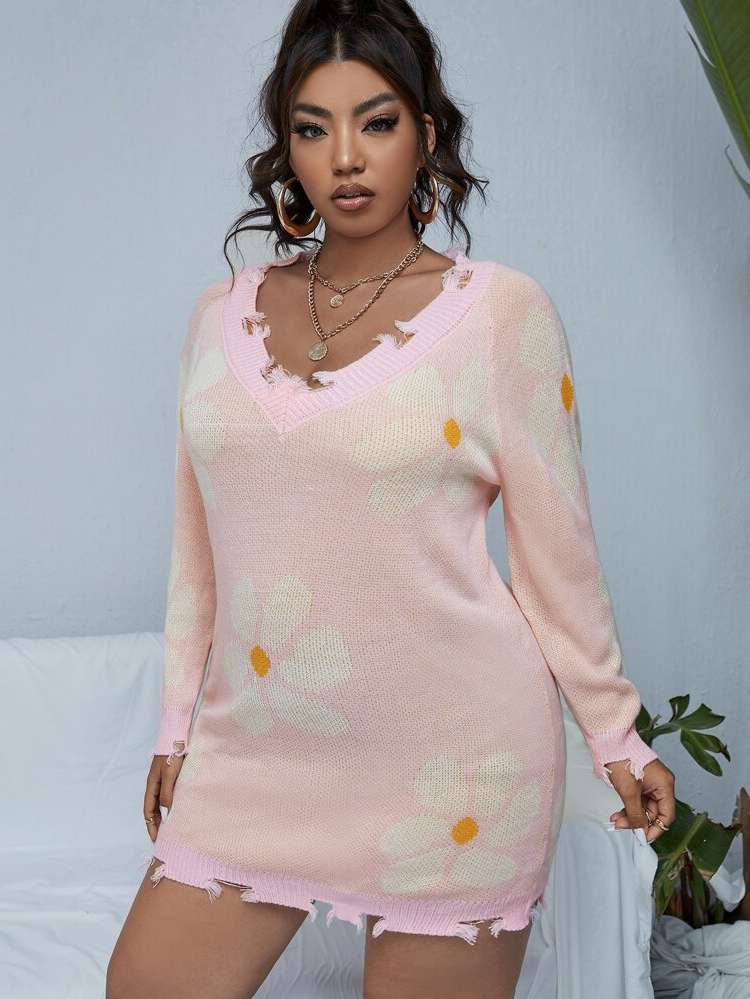 Floral V neck Ripped Regular Fit Plus Size Knitwear 8291