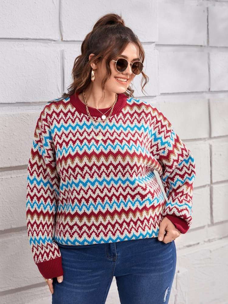 Round Neck Casual Regular Fit Plus Size Knitwear 3653