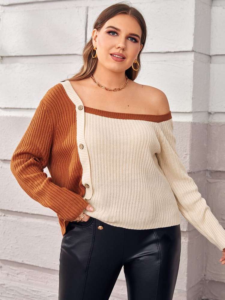 Asymmetrical Neck Colorblock Backless Plus Size Sweaters 629