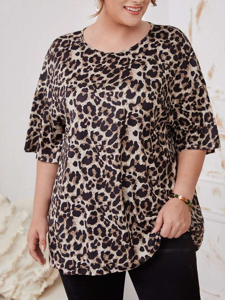  Round Neck Multicolor Leopard Plus Size T-shirts 7218