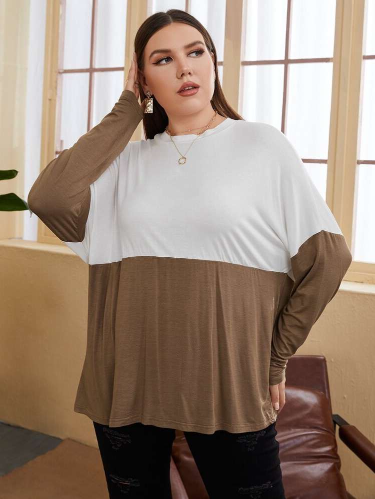 Colorblock Multicolor Round Neck Oversized Plus Size T-shirts 8428