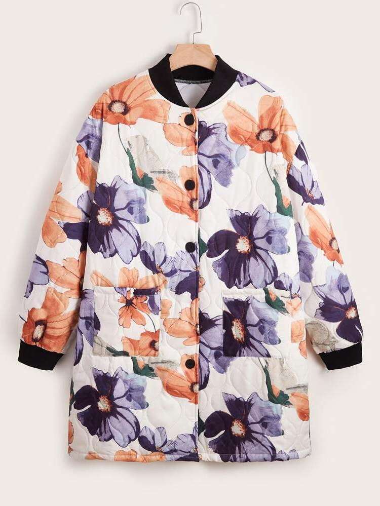 Short Floral Pocket Multicolor Plus Size Winter Coats 9447