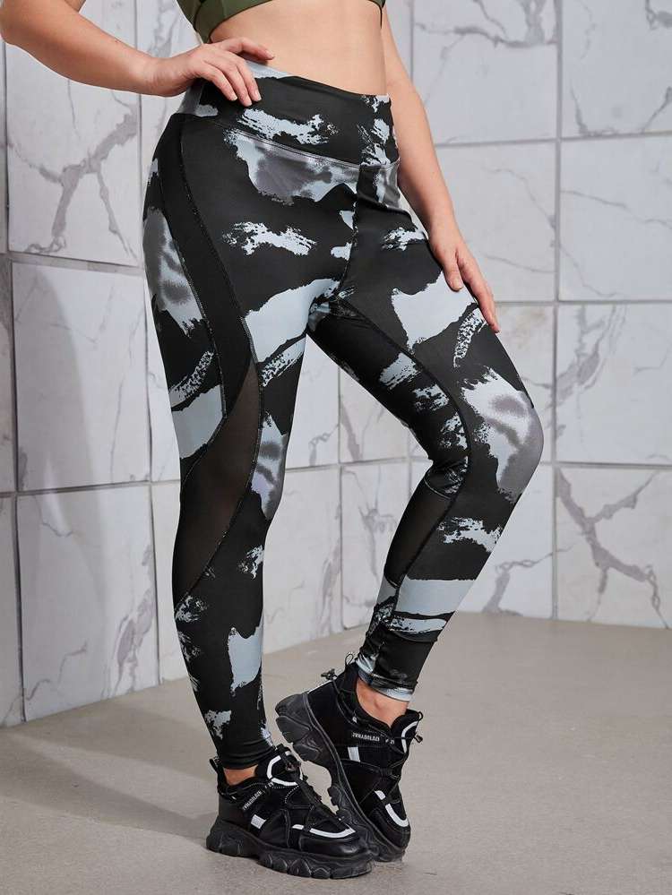 Contrast Mesh  Graphic Plus Size Sports Leggings  Pants 823