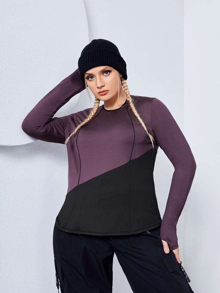  Long Sleeve Regular Colorblock Plus Size Sports Tops 8544