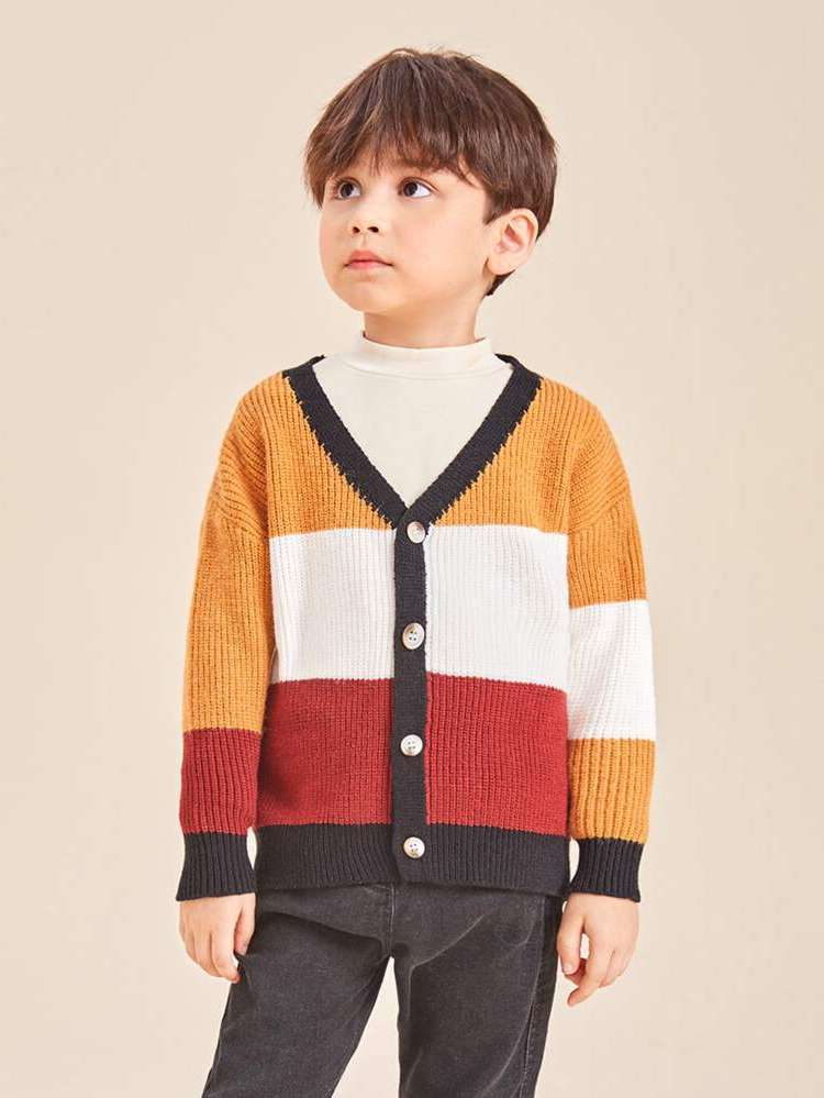 Button Front Colorblock Casual Toddler Boy Cardigans 1792