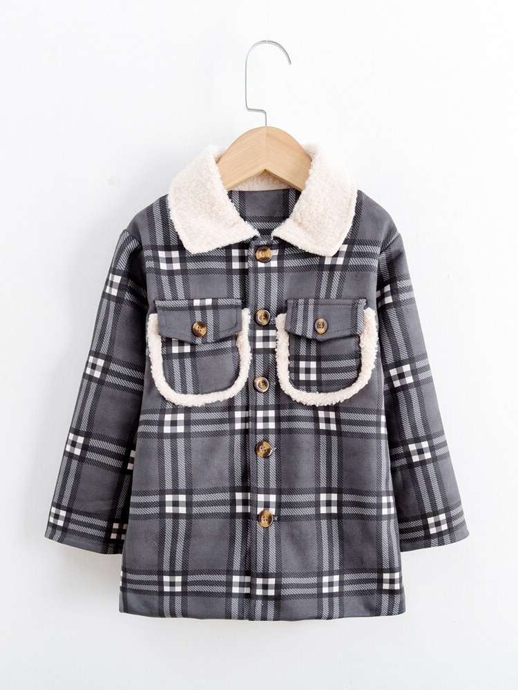 Regular Fit Collar Plaid Pocket Toddler Girls Clothing 5789