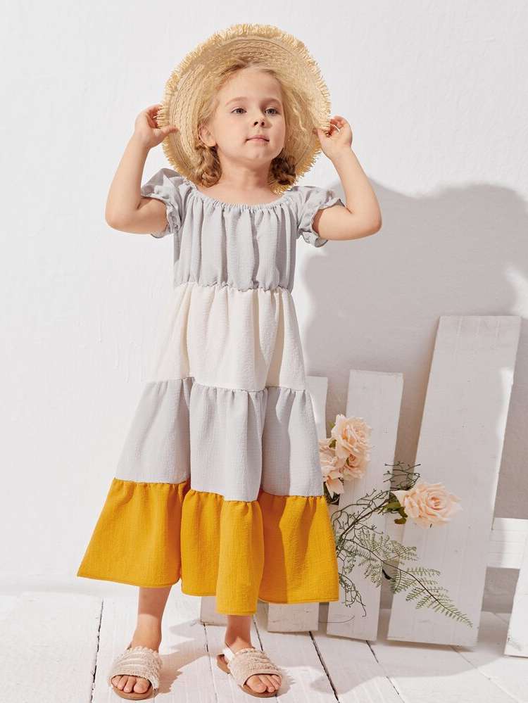  Colorblock Round Neck Boho Toddler Girls Clothing 244