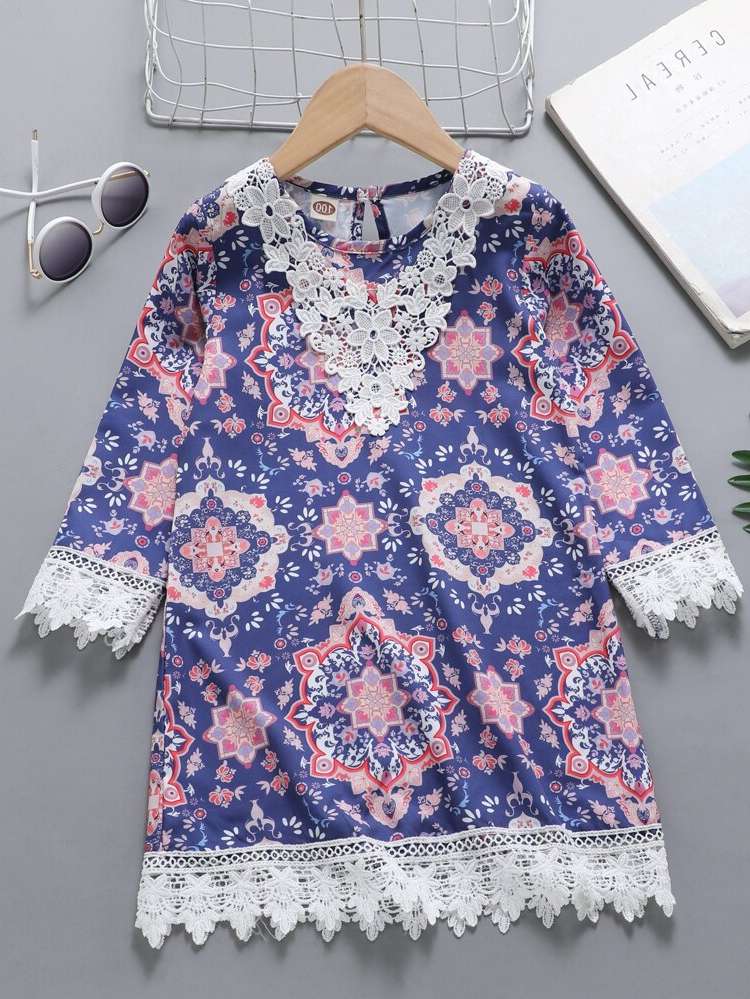 All Over Print Long Sleeve Contrast Lace Round Neck Toddler Girl Dresses 556