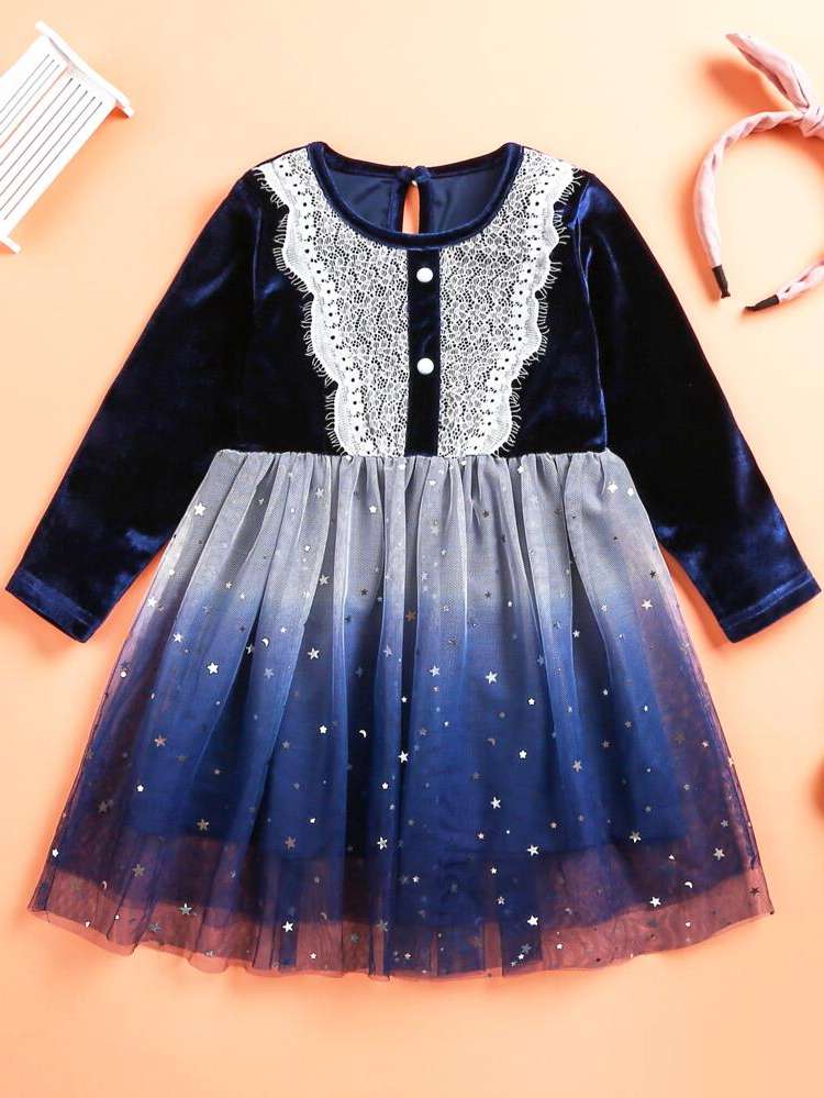 Regular Fit Round Neck Long Sleeve Toddler Girl Dresses 3951