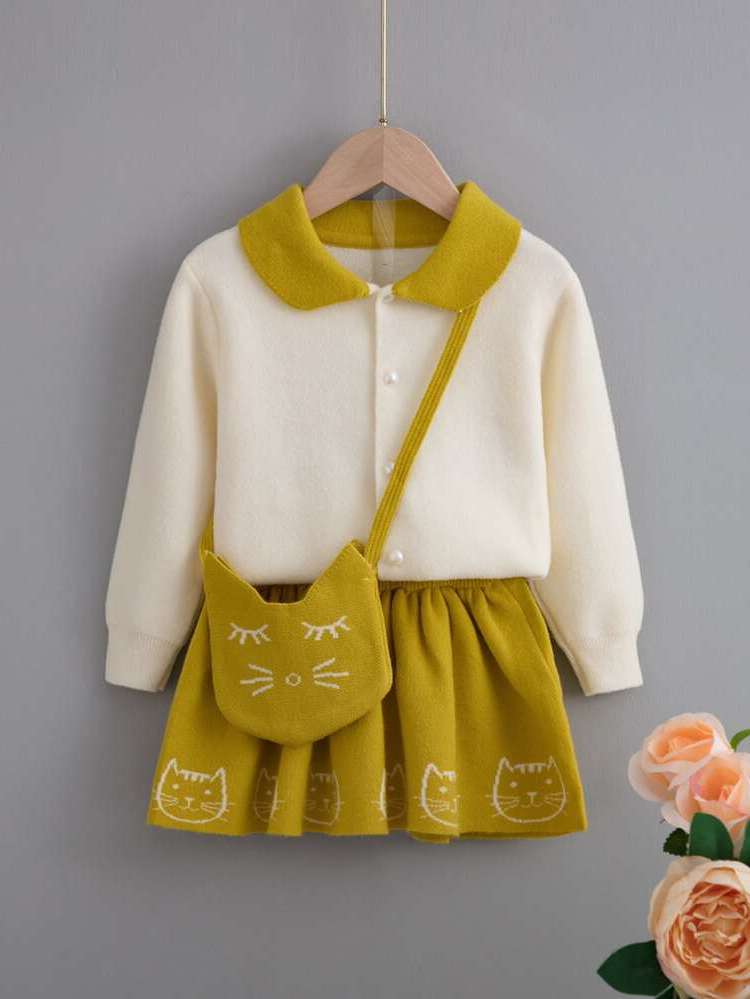 Cartoon Button Regular Fit Toddler Girl Sweater Co-ords 6090