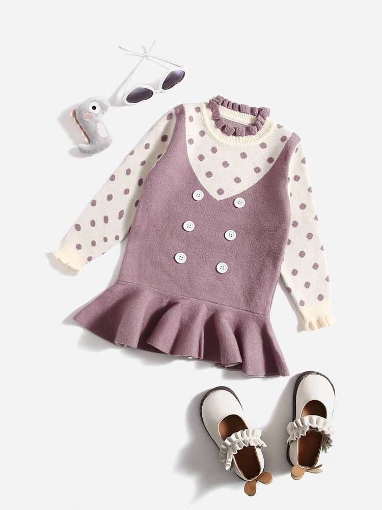  Short Stand Collar Button Toddler Girl Sweater Dresses 861