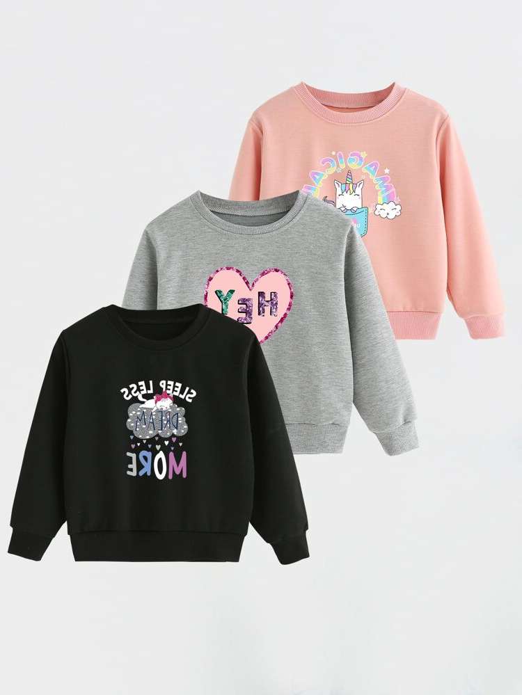 Regular Fit Long Sleeve Letter Round Neck Toddler Girls Clothing 5389