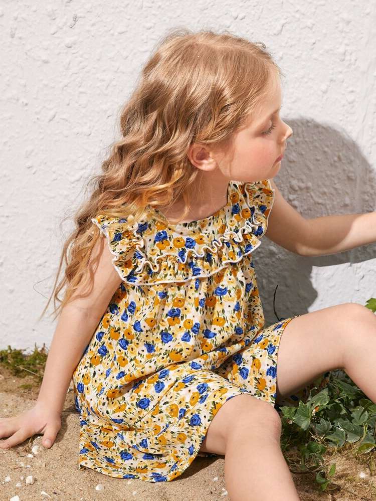 Regular Fit Floral Sleeveless Frill Toddler Girl Two-piece Outfits 4344