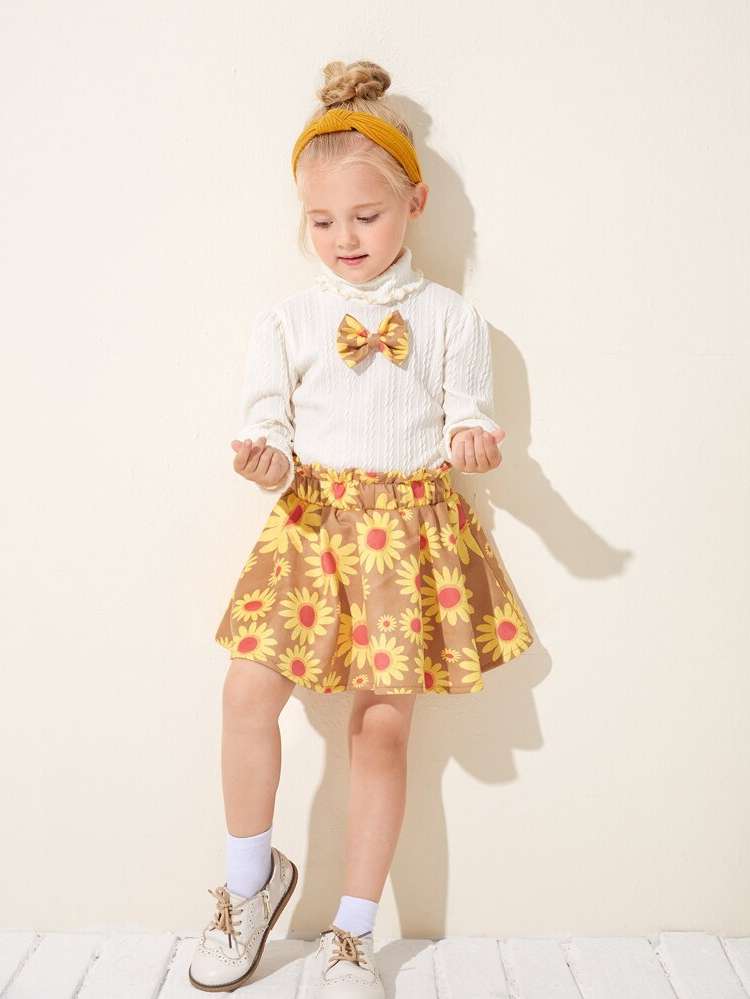 Floral Bow Multicolor Toddler Girl Two-piece Outfits 173