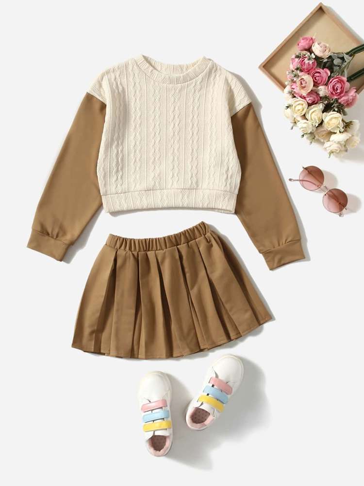 Colorblock Pleated Long Sleeve Regular Fit Kids Clothing 1542