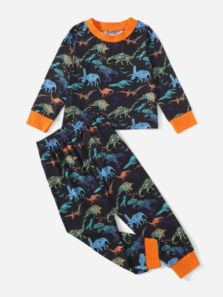 Contrast Binding Multicolor Dinosaur Long Sleeve Underwear  Sleepwear 7811