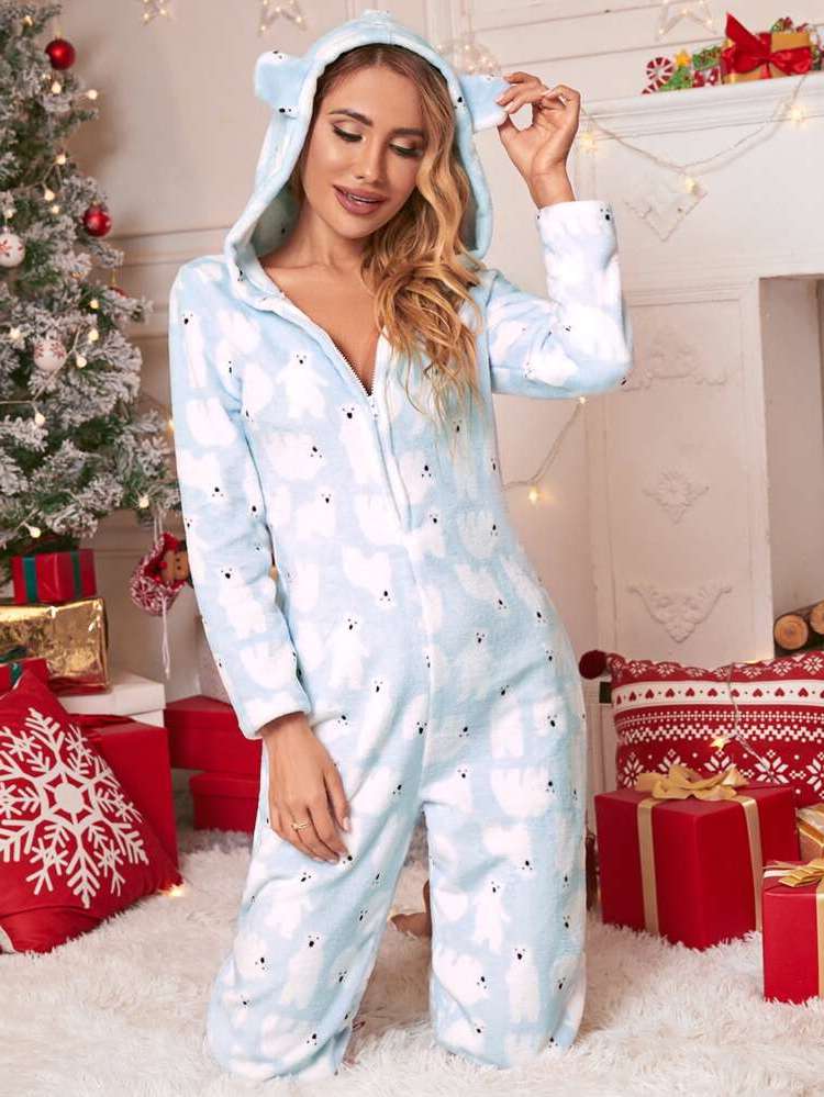 All Over Print Zipper Women Sleepwear 3492