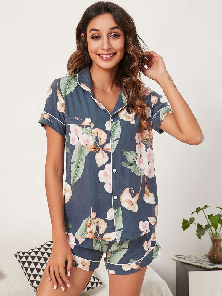 Multicolor Lapel Pocket Women Sleepwear 4555