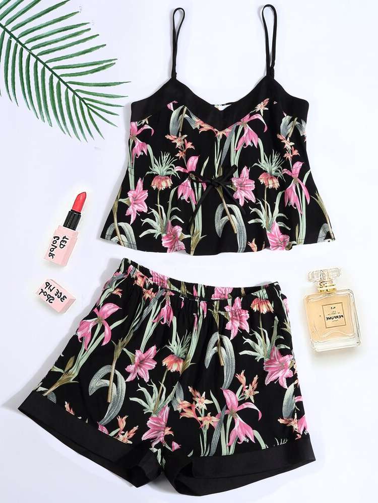 Elegant Sleeveless Ruffle Hem Floral Underwear  Sleepwear 8021