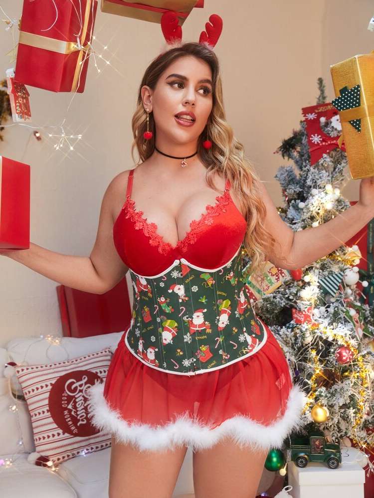 Christmas Contrast Mesh Multicolor Plus Size Corsets  Shapewear 8507