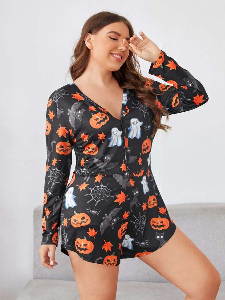  Multicolor V neck Halloween Women Plus Sleep  Lounge 6822