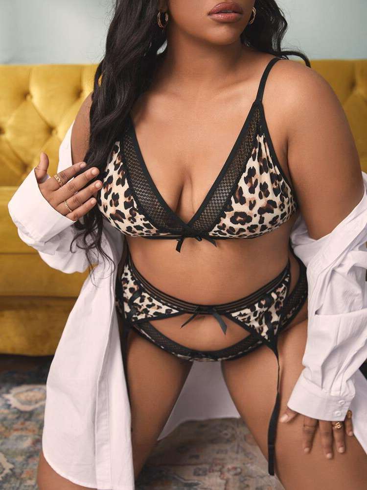 Multicolor Contrast Lace Leopard Plus Size Sexy Lingerie 732