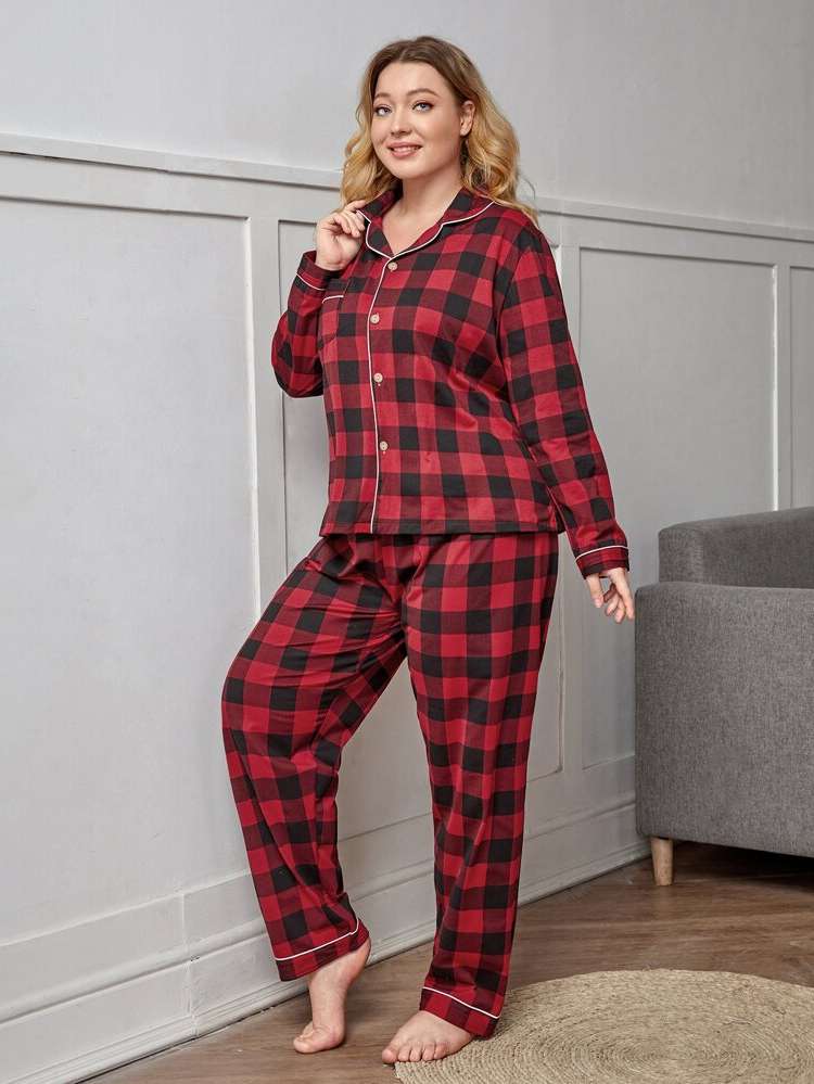 Multicolor Button Long Sleeve Plus Size Pajama Sets 5944