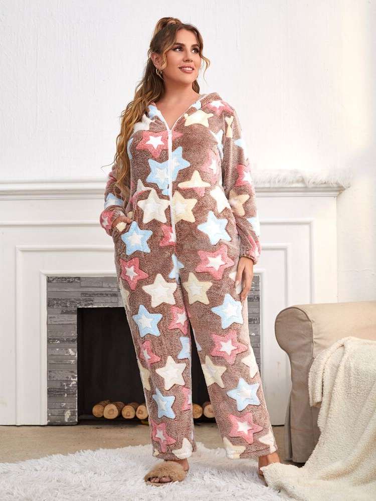 Cute Multicolor Pocket Plus Size Sleep Jumpsuits 5575