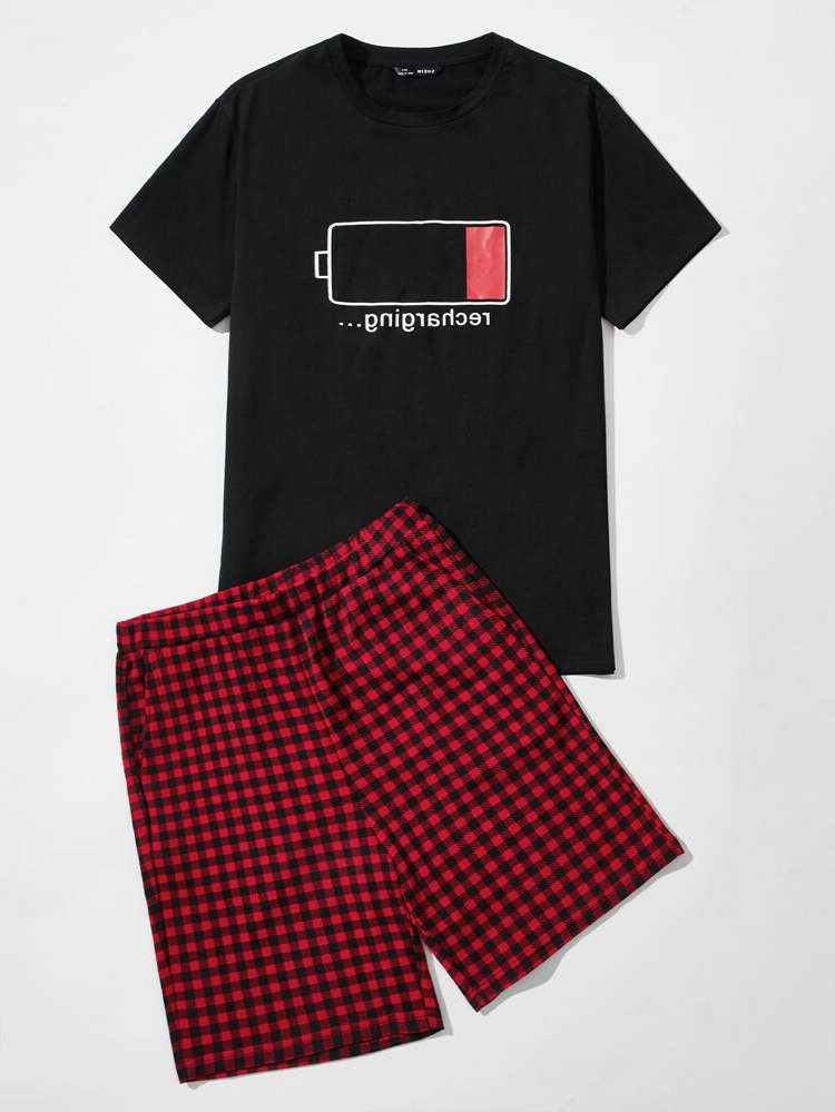 Multicolor Short Sleeve Pocket Gingham Men Underwear  Loungewear 6391