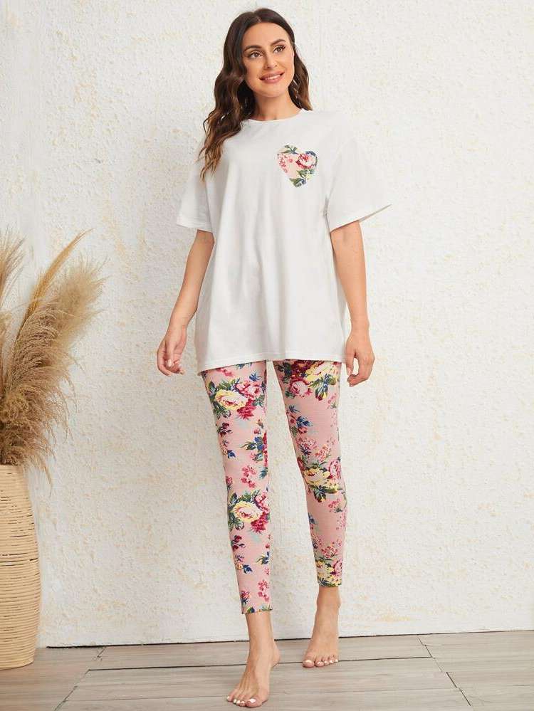 Half Sleeve Floral Round Neck Underwear  Sleepwear 7860